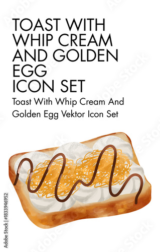 Toast with whip cream and golden egg vector icon set