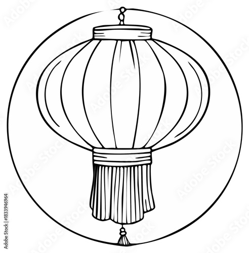 Traditional Asian lantern line art illustration with pleated details and tassel in a circular frame