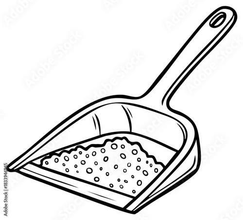 Illustrated black and white scoop filled with granules, cleaning up or scooping litter in doodle style.