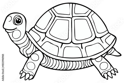 Delightful turtle outlined with intricate shell, swimming with a cheerful expression for children's designs or educational materials