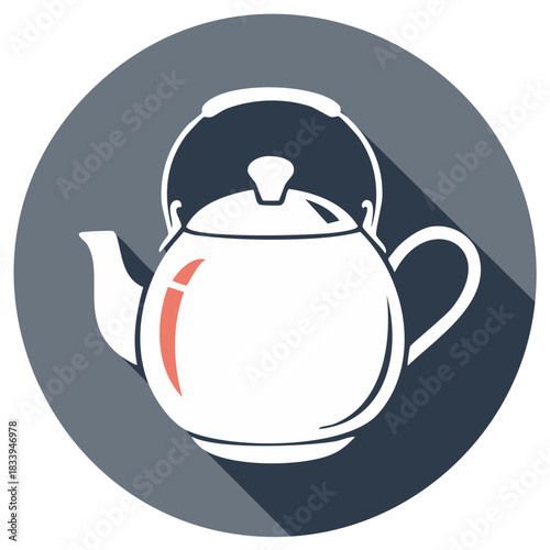 Minimalist flat design vector icon of a white teapot with a long shadow in a circular frame