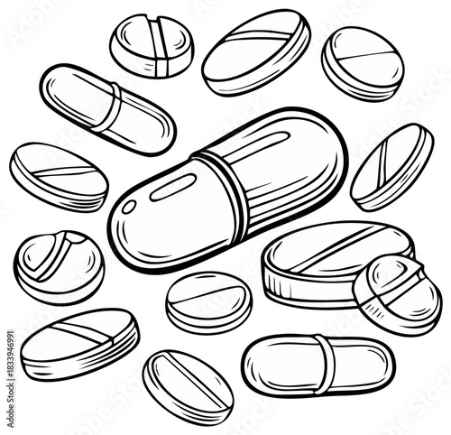 Medical pills and capsules illustration, in black and white