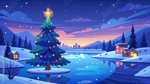 Christmas tree in a snowy village