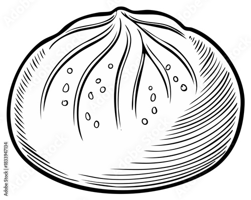 Detailed black and white line art drawing of a delicious Asian steamed bun or dumpling