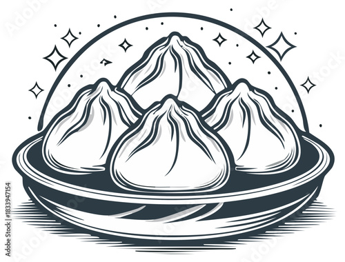 Steamed Asian dumplings on a plate with sparkling elements elegant monochrome illustration