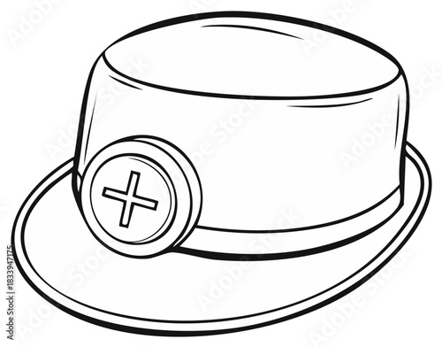 Cartoon nurse cap line art illustration with brim and plus sign badge in vector