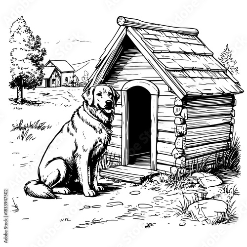 Service dog guard sits near a wooden booth, black and white sketch. Digital illustration. The dog guards the yard and farm, the drawing is isolated on a white background23