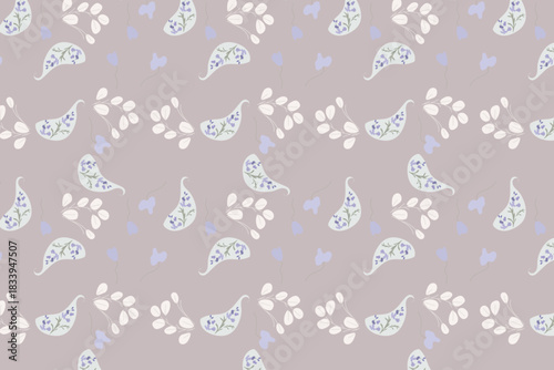 An abstract, soft pattern featuring stylized lilac paisley shapes and subtle paint-splatter swirls, offering a gentle texture for apparel and feminine branding.