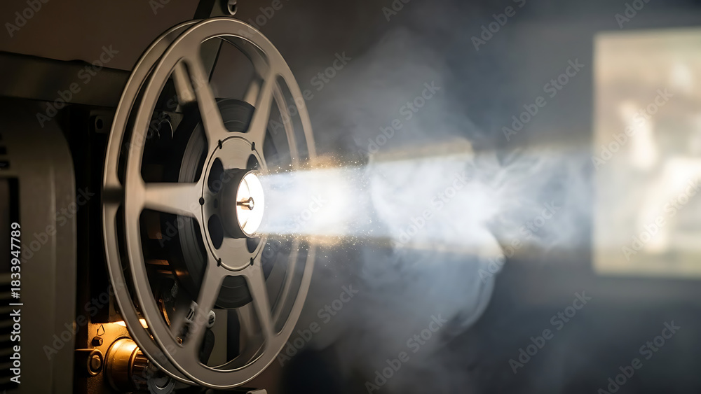 Obraz premium Film Projector Reel Spinning Beam Of Light Through Smoke 97591159 1