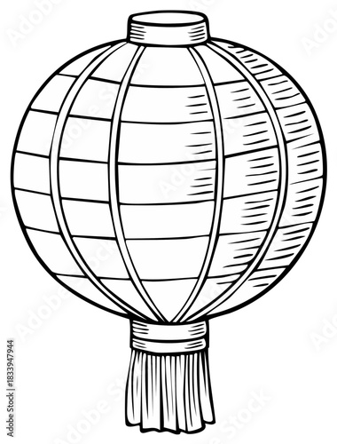Black and White Outline of a Traditional Asian Lantern with Tassel Decoration