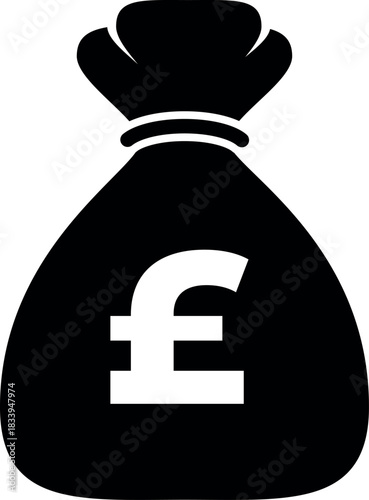Vector illustration of black money bag icon with pound sterling symbol, representing finance and wealth on a transparent background