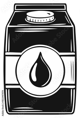 Illustration of a beverage carton with a screw cap and a prominent liquid droplet icon on the label