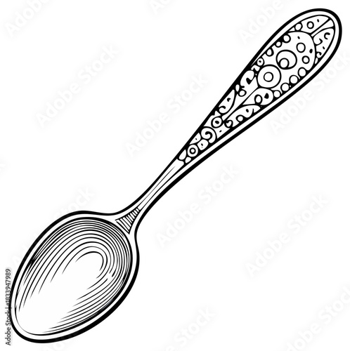 Detailed Outline of an Ornate Silver Spoon with Decorative Patterns