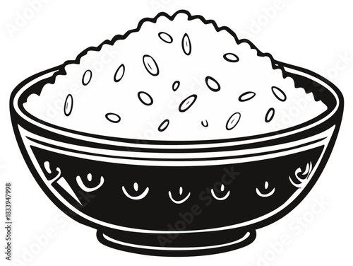 Steaming Bowl of Rice Illustration Traditional Black and White Design Asian Food Icon Graphic