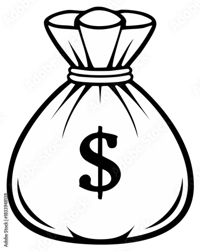 Black and white line art money bag icon with dollar sign for wealth, finance, and business concepts