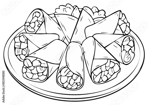 Outline drawing of a plate of traditional Mexican rolled food, perfect for coloring book pages