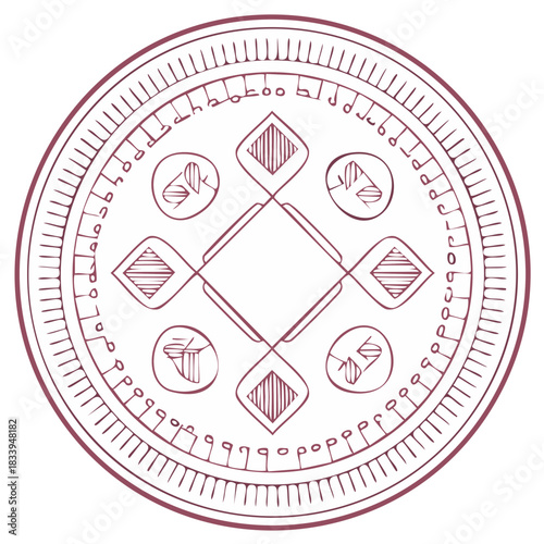 Symbolic Circular Motif Featuring Geometric Shapes and Writing, Minimalist Illustration, Esoteric Design