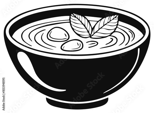 Minimalist soup bowl illustration with pasta and basil leaves.