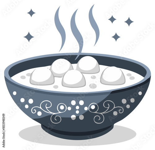 Hot sweet soup with glutinous rice balls, a traditional Asian dessert in a decorative bowl illustration