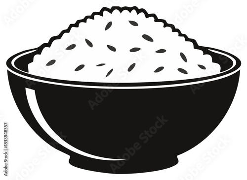 Steamed white rice piled high in a dark bowl a minimalist food graphic illustration