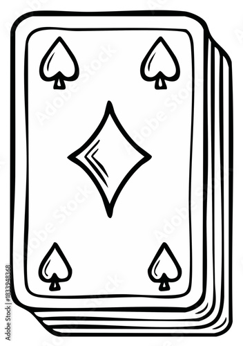 Hand drawn illustration of a diamond playing card with spades symbol on top of a deck