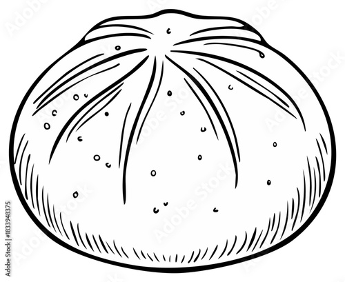 Simple black and white line art drawing of a traditional Asian steamed bao bun.