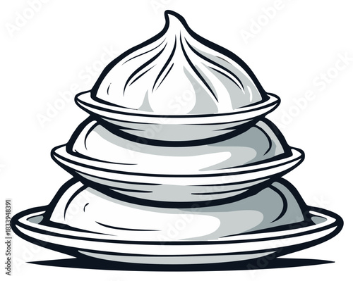 Towering pile of steamed buns drawing on plates with asian food monochrome aesthetic