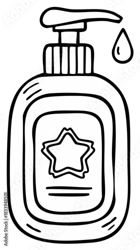 Hand-drawn vector illustration of sanitizer bottle with star and pump with drop for personal hygiene during pandemic