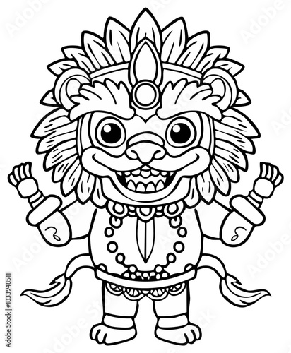 Cute traditional mythical creature with elaborate feathered headdress and ornate cultural costume in playful line art style
