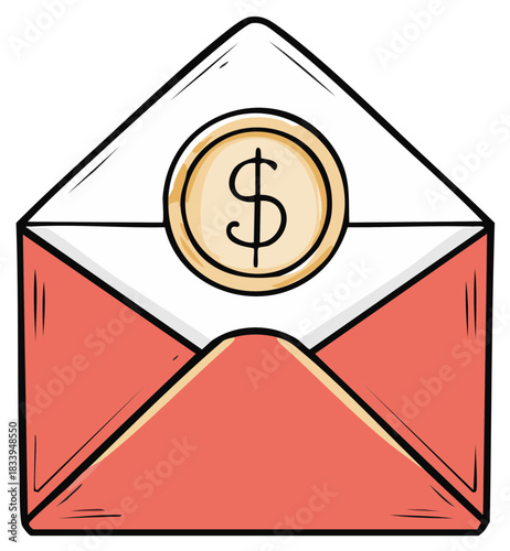 Open envelope with dollar coin, hand-drawn illustration