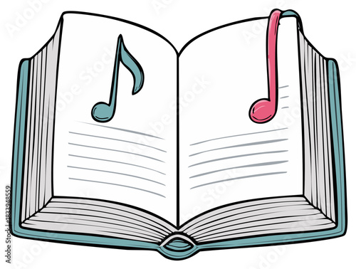 Cute cartoon illustration of an open songbook with colorful musical notes and a bookmark
