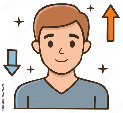 Person with upward and downward arrows indicating progress and decline stylized graphic