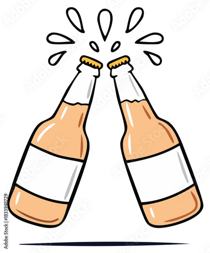 Cartoon beer bottles clinking in a celebratory toast with splashing liquid for party fun and success