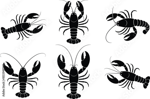 Lobster silhouette icon set in multiple views, seafood crustacean illustration for menu design, restaurant branding, packaging, and stock vector use