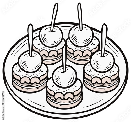 Outline graphic illustration of five mini desserts or sweet petit fours served on a plate for a party