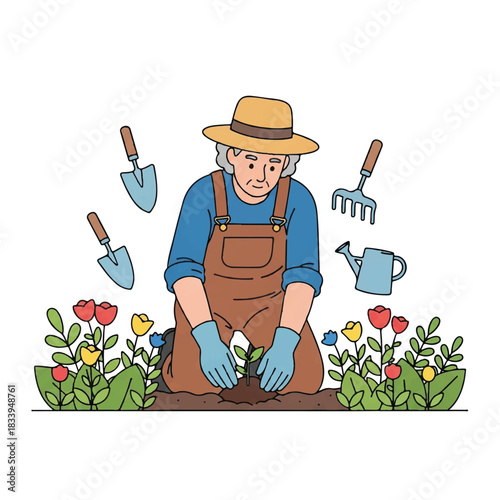 An elderly gardener kneeling and planting flowers with gardening tools floating around him in a colorful garden scene.
