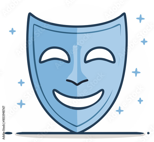 Blue theater mask with a happy expression surrounded by small stars