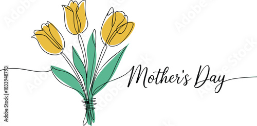 Mother's Day Card with One-Line Art Tulips, Happy Mothers Day card , Illustration of Flowers and 'Mother's Day' Lettering, Minimalist Continuous Line Drawing of a Yellow Tulip Bouquet, 