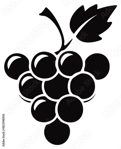 Black silhouette of a grape cluster with a single leaf and stem, stylized fruit graphic icon