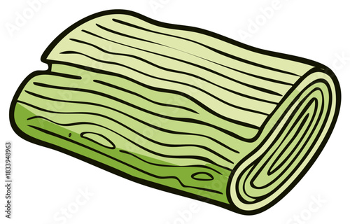 Stylized cartoon drawing of a green leek vegetable with black outlines and wavy texture