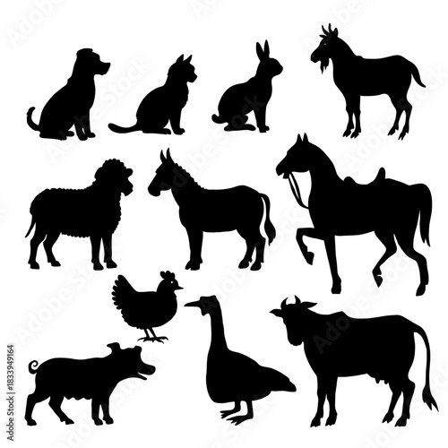 Vector farm animals silhouettes. Cow, horse, goat, dog, cat, rabbit, donkey, pig and goose.