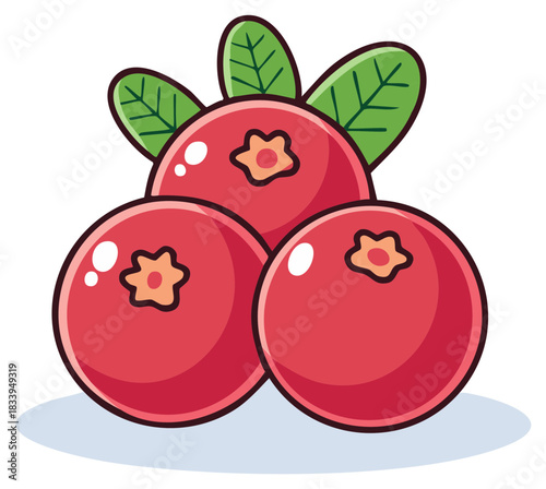 Juicy stylized red cranberries with green leaves a delightful cartoon fruit illustration