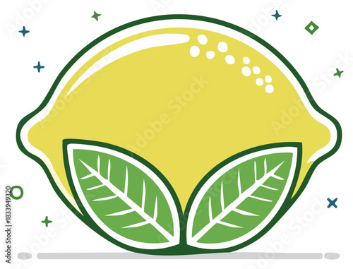 Stylized illustration of a lemon with leaves, healthy food concept