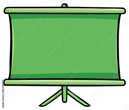 Blank green projector screen on a tripod stand for presentations cartoon vector graphic