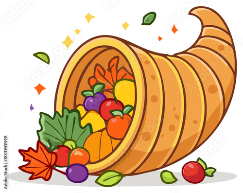 Cartoon cornucopia overflowing with fruits, berries, and autumn leaves