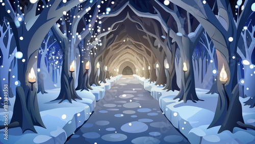 Winter forest path with lights and lanterns