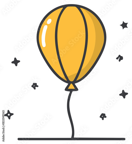 A single yellow balloon floats upwards with a simple string and sparkling stars surrounding it
