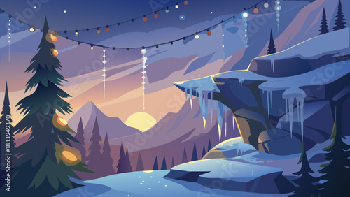 Winter mountain landscape with christmas tree and lights