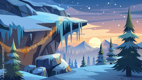 Winter landscape with icicles and fir trees