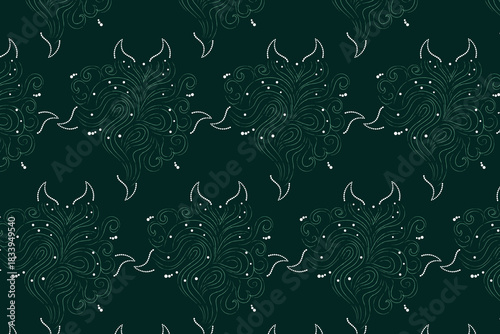 A deeply colored, intricate symmetrical mandala pattern created from botanical and paisley elements in dark teal and forest green